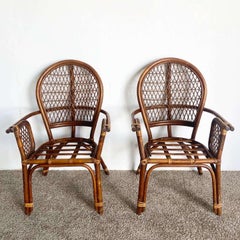Boho Chic Bamboo Rattan Balloon Back Arm Chairs - Set of 4
