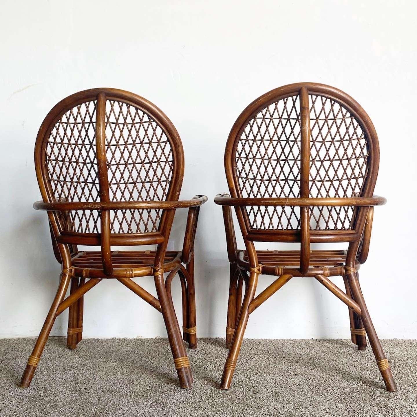 Boho Chic Bamboo Rattan Balloon Back Arm Chairs - Set of 4 In Good Condition For Sale In Delray Beach, FL