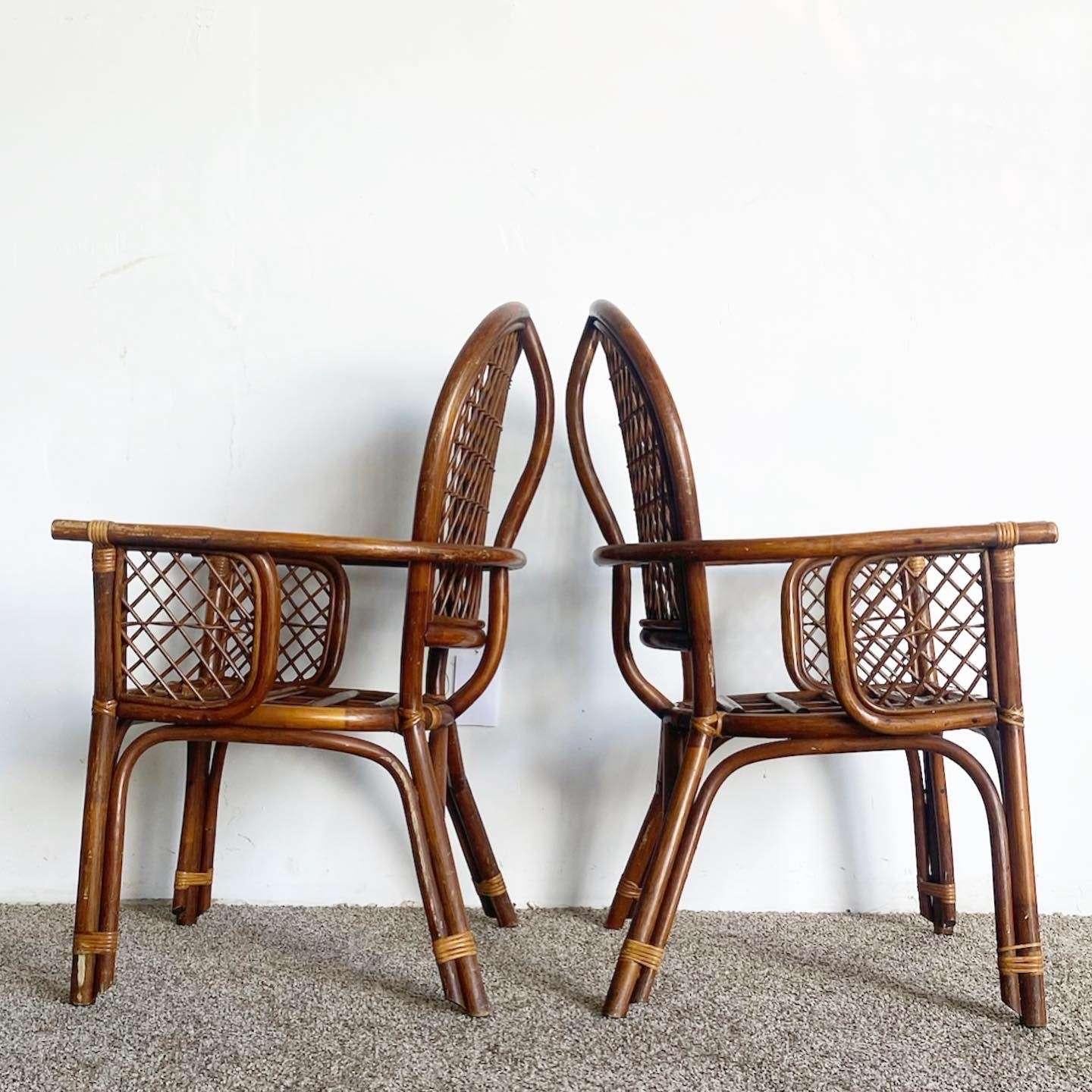 Late 20th Century Boho Chic Bamboo Rattan Balloon Back Arm Chairs - Set of 4 For Sale