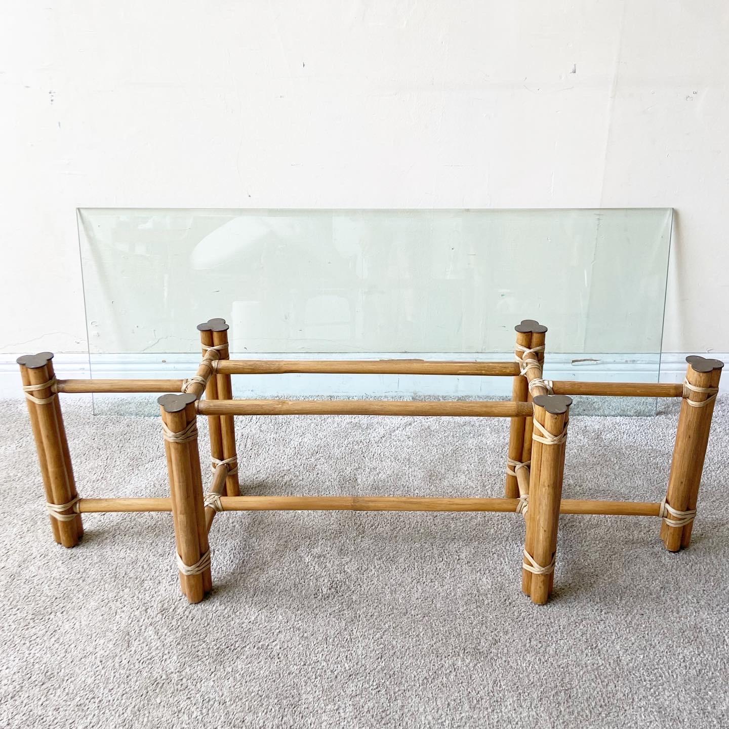 Bohemian Boho Chic Bamboo Rattan Beveled Glass Top Coffee Table by McGuire Furniture
