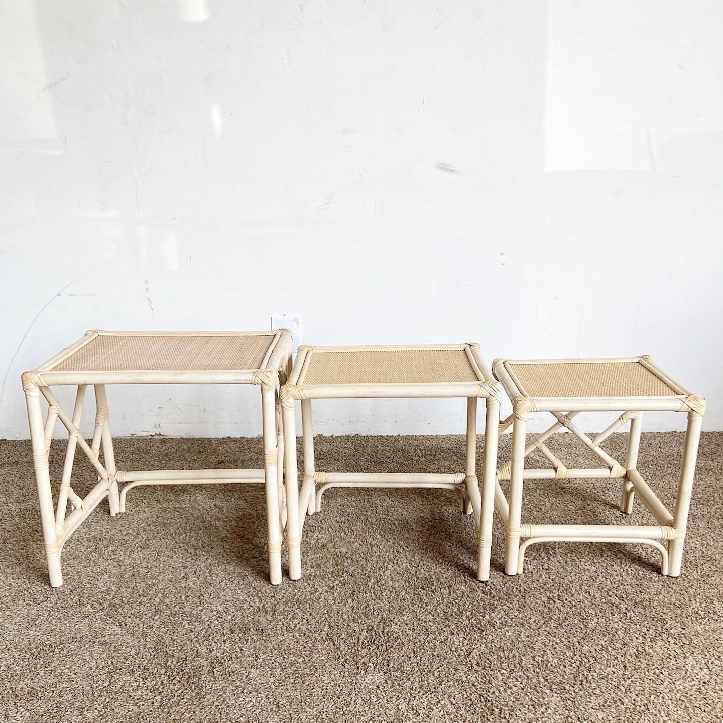 Boho Chic Bamboo Rattan Chippendale Style Nesting Tables - Set of 3 For Sale 5