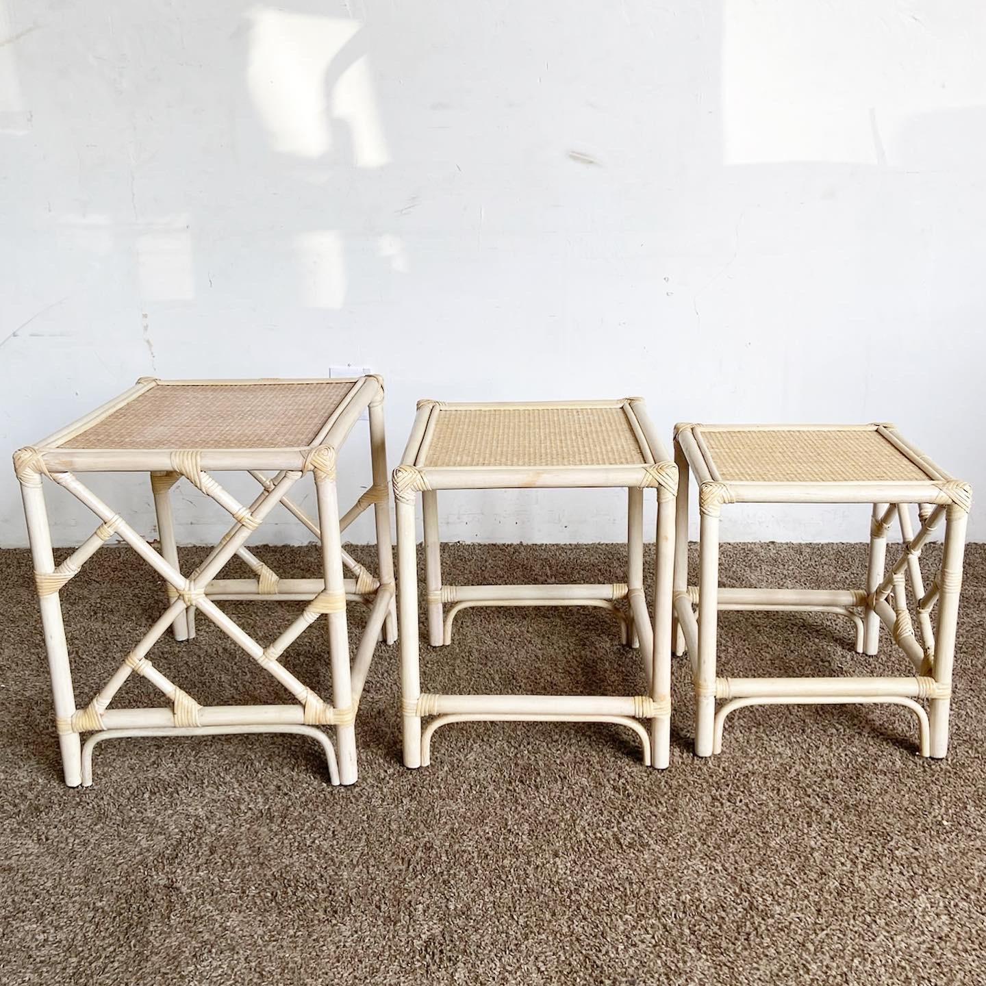 Boho Chic Bamboo Rattan Chippendale Style Nesting Tables - Set of 3 For Sale 3