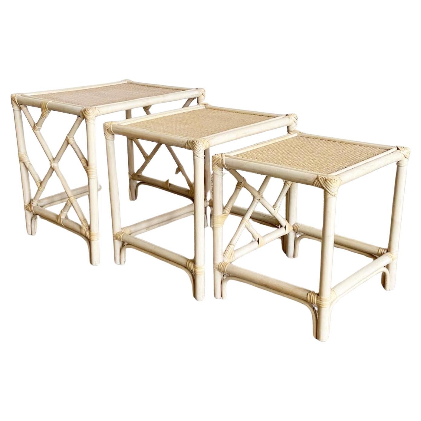 Boho Chic Bamboo Rattan Chippendale Style Nesting Tables - Set of 3