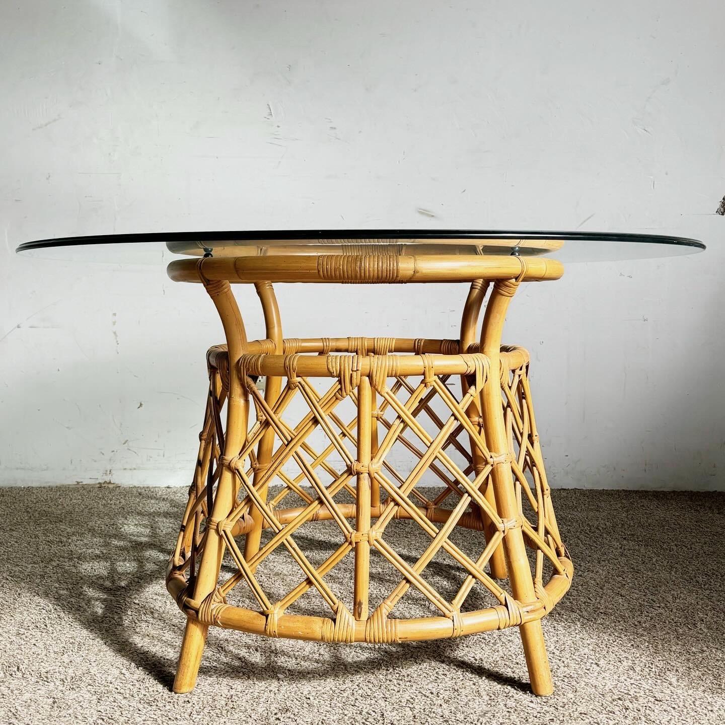 Boho Chic Bamboo Rattan Circular Glass Top Dining Table by Ficks Reed In Good Condition For Sale In Delray Beach, FL