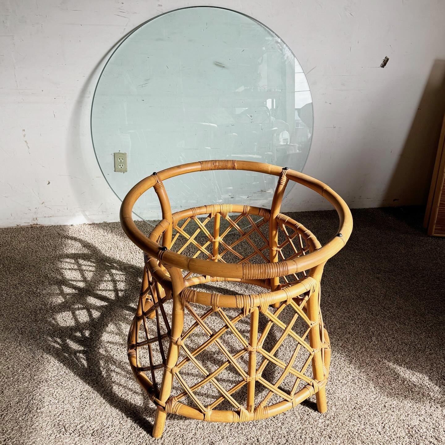 20th Century Boho Chic Bamboo Rattan Circular Glass Top Dining Table by Ficks Reed For Sale