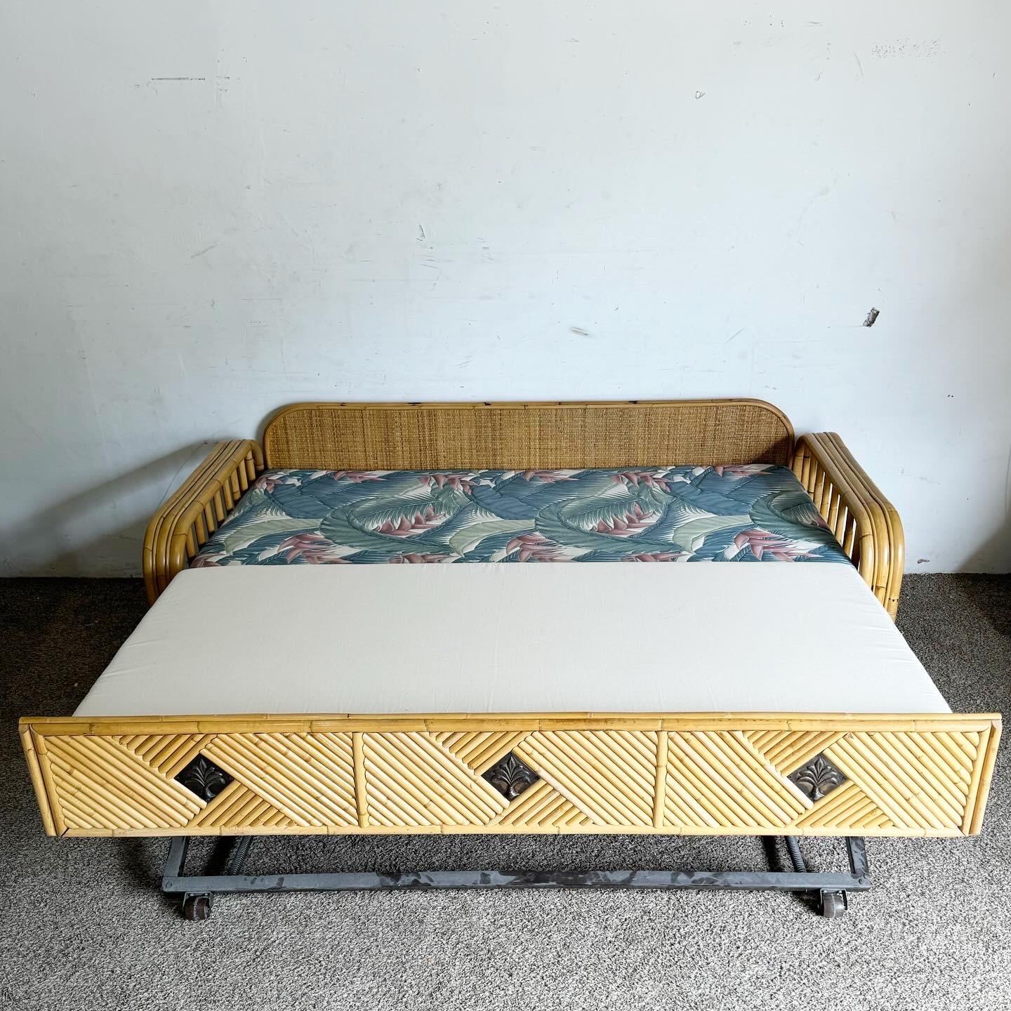 Indonesian Boho Chic Bamboo Rattan Day Bed With Pull Out Trundle For Sale