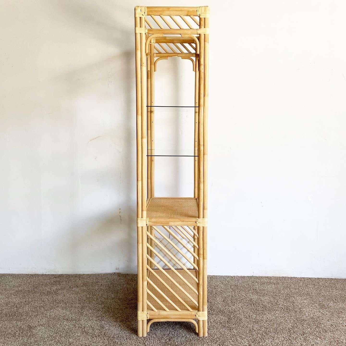 Boho Chic Bamboo Rattan Etagere - 4 Shelves In Good Condition For Sale In Delray Beach, FL