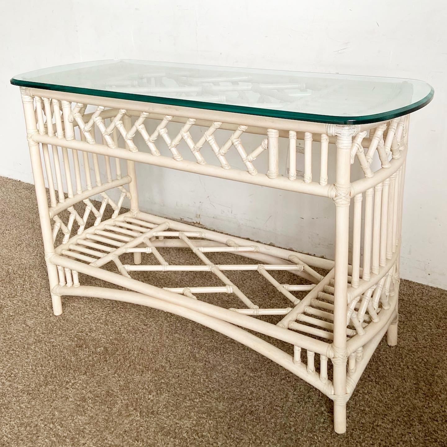 Elevate your decor with the Ficks Reed Boho Console Table. This Boho Chic table features a bamboo and rattan base topped with sleek glass, blending traditional materials with modern design.
Vintage pieces may have age-related wear. Review photos