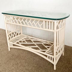 Boho Chic Bamboo Rattan Glass Top Console Tables by Ficks Reed