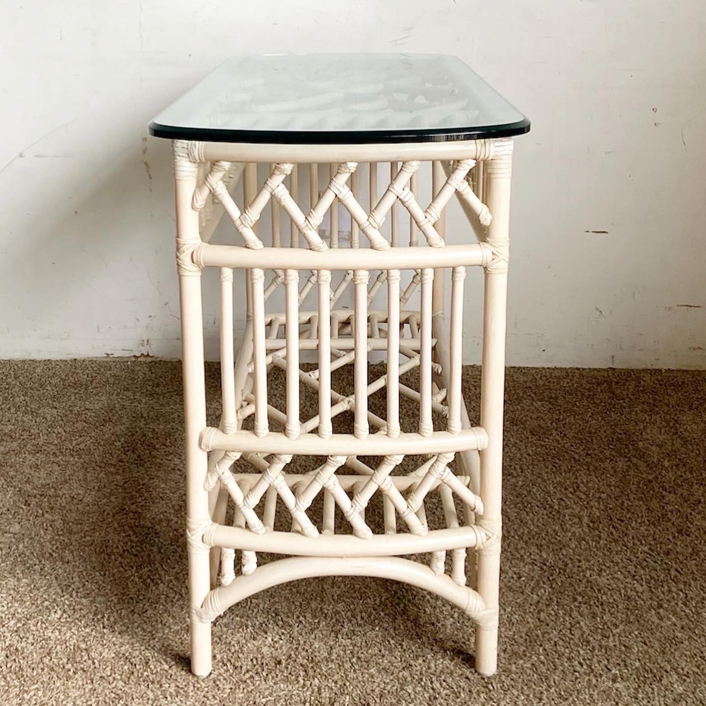 Boho Chic Bamboo Rattan Glass Top Console Tables by Ficks Reed In Good Condition For Sale In Delray Beach, FL