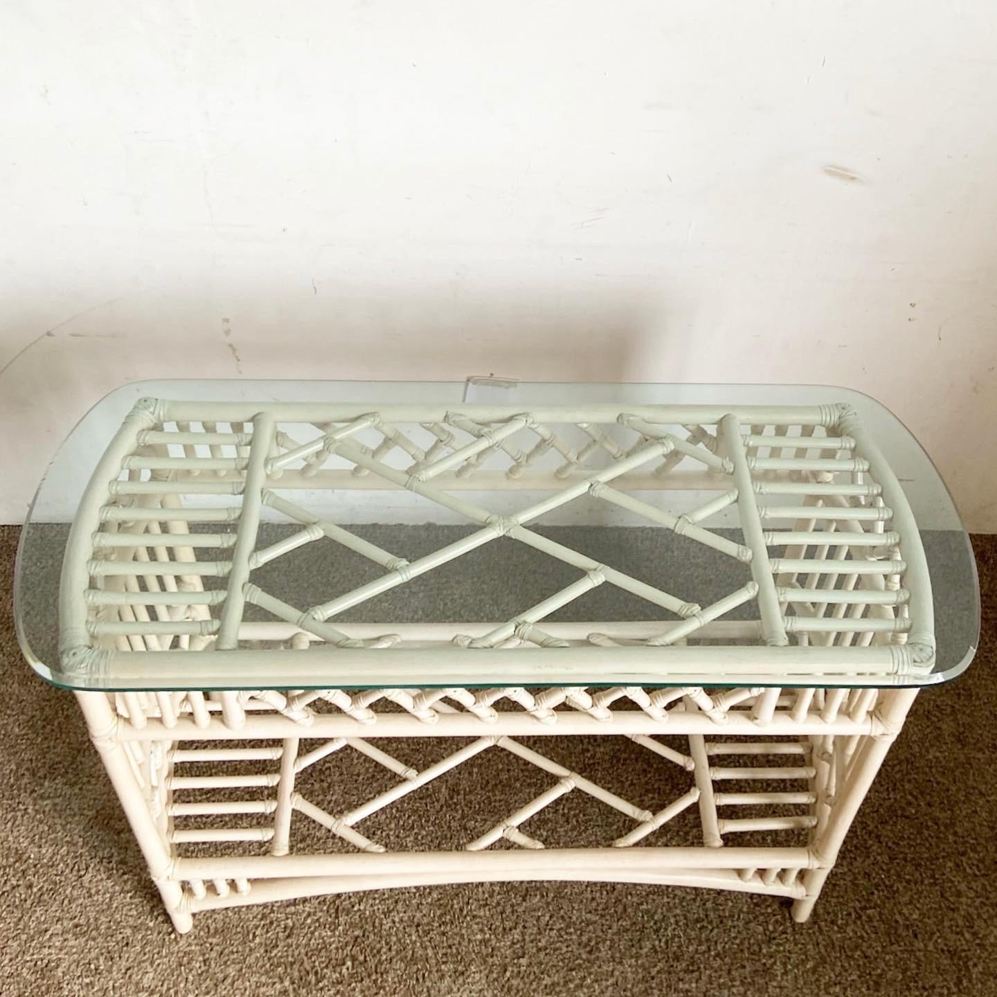 20th Century Boho Chic Bamboo Rattan Glass Top Console Tables by Ficks Reed For Sale