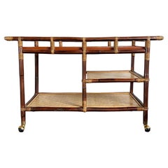 Boho Chic Bamboo Rattan Herringbone Ceramic Tile Bar Cart