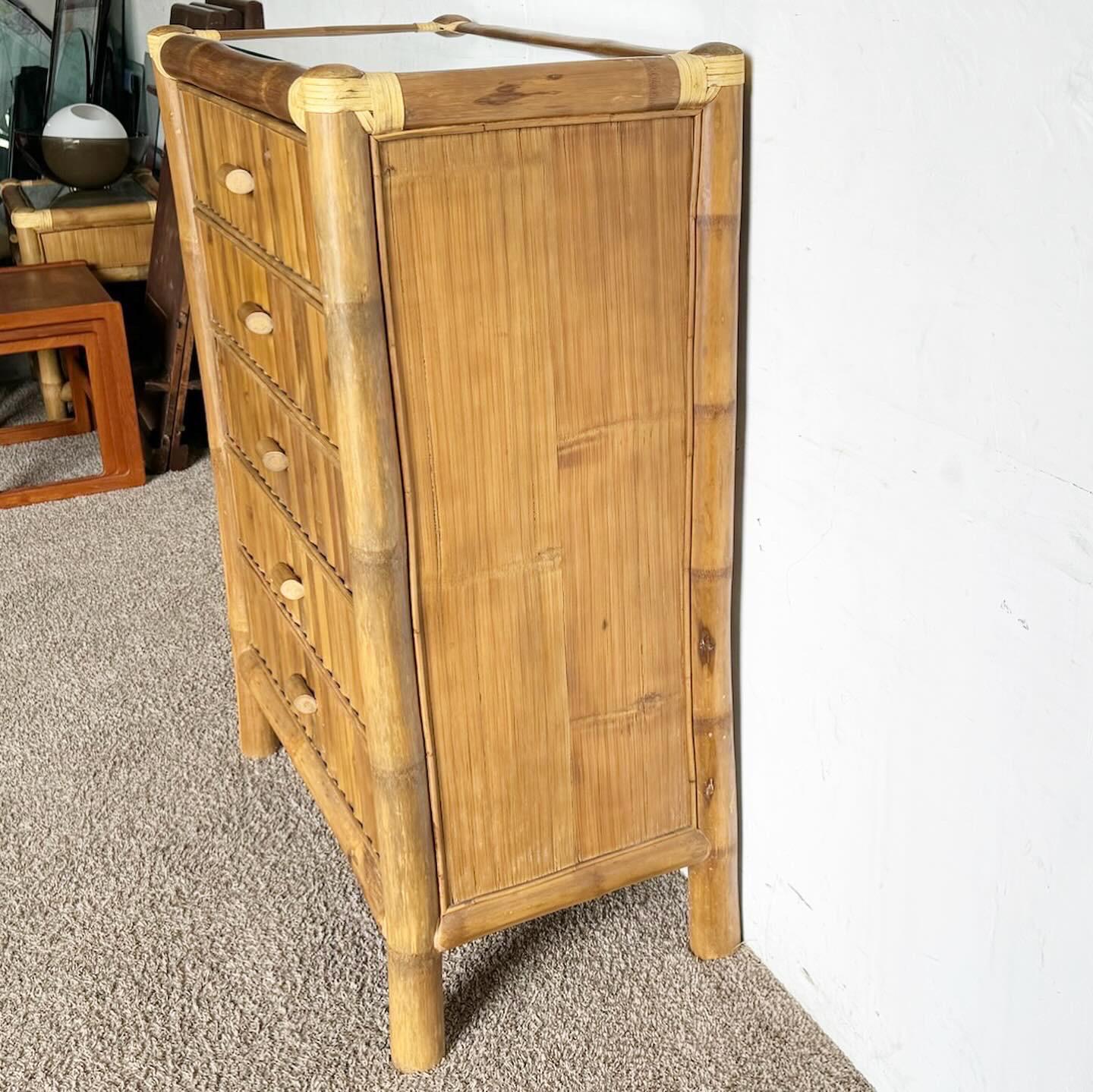 Boho Chic Bamboo Rattan Highboy Dresser - 5 Drawers In Good Condition For Sale In Delray Beach, FL