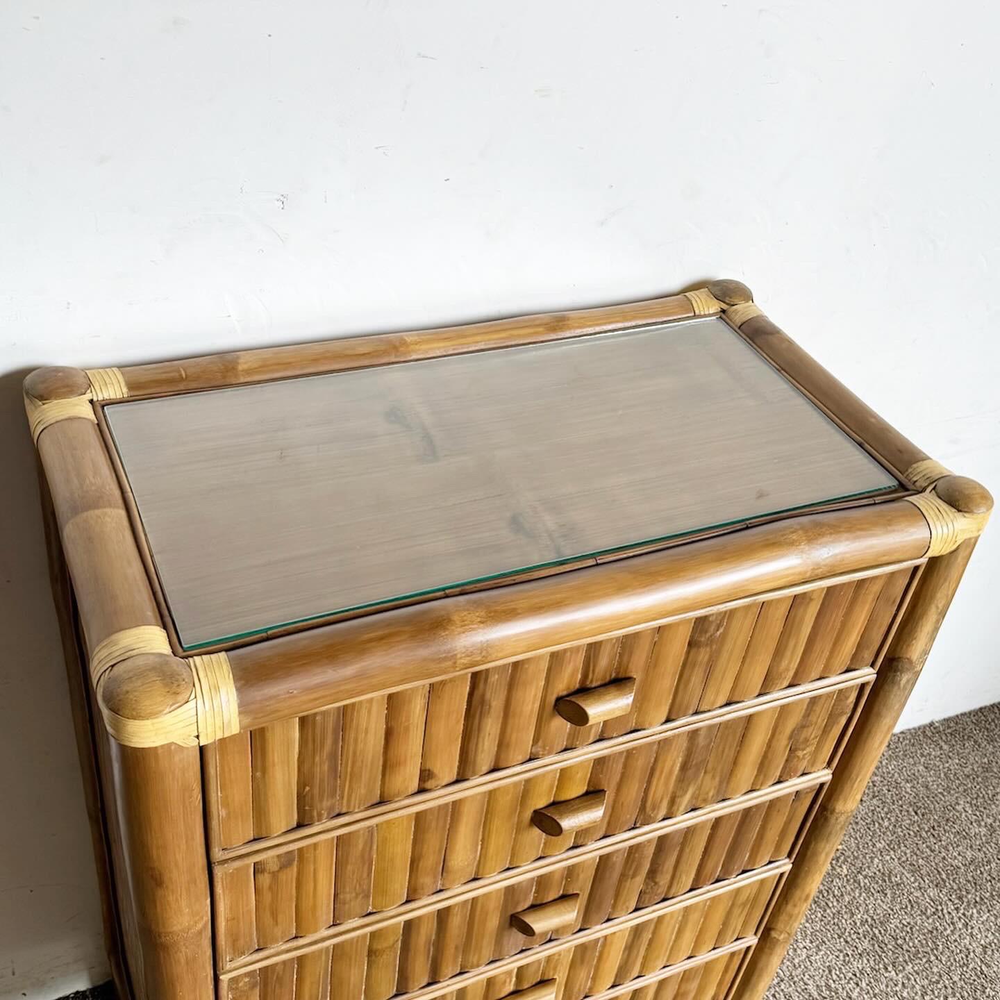 20th Century Boho Chic Bamboo Rattan Highboy Dresser - 5 Drawers For Sale