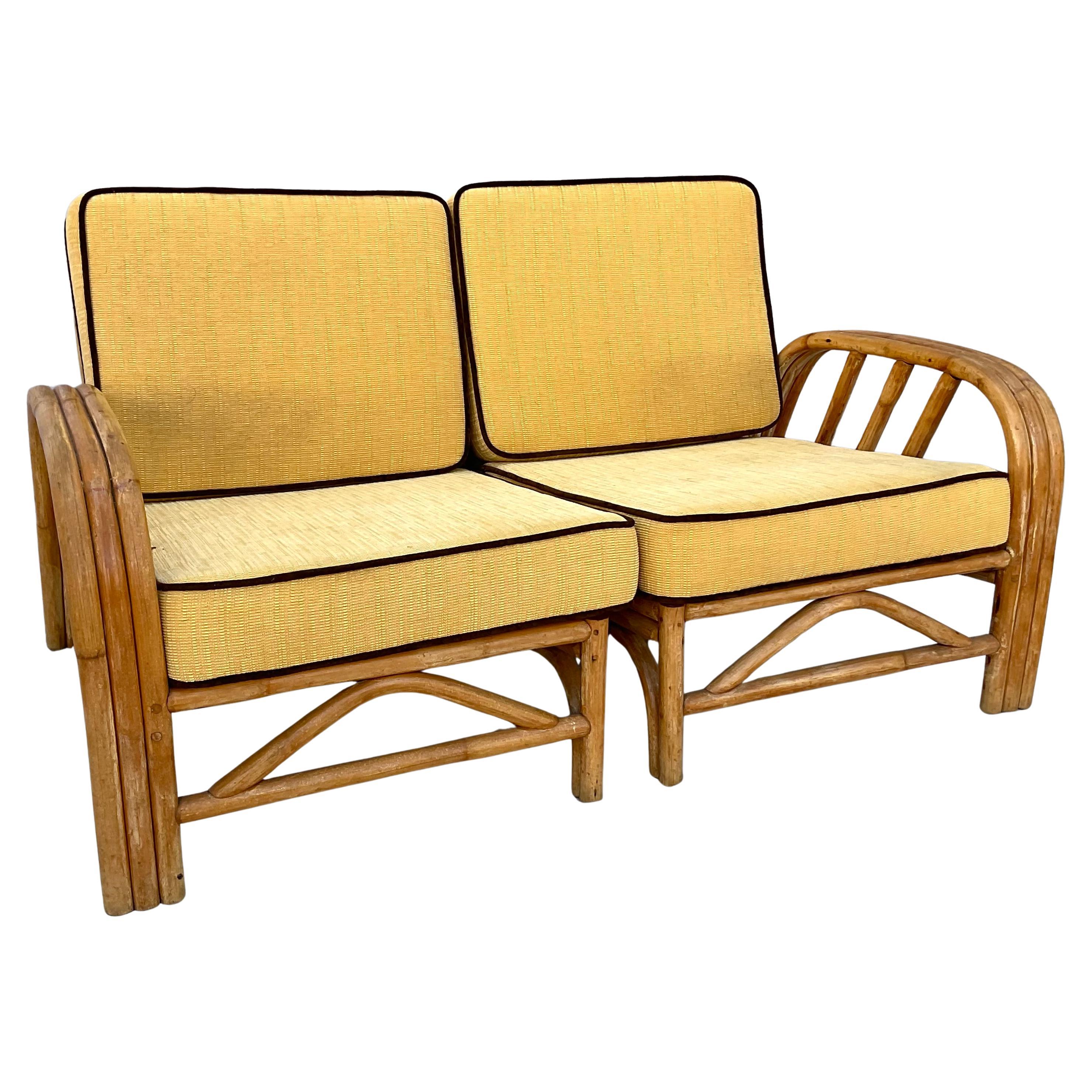 Loveseat de ratán de bambú de mediados de siglo Boho Chic Textil en venta