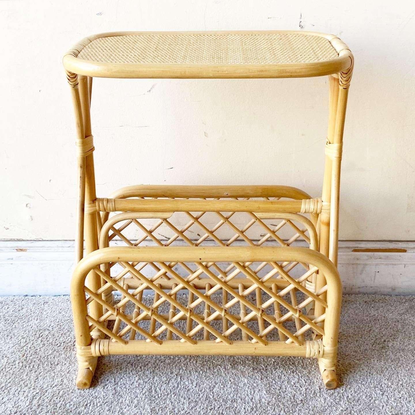 Boho Chic Bamboo Rattan Magazine Rack Side Table In Good Condition For Sale In Delray Beach, FL