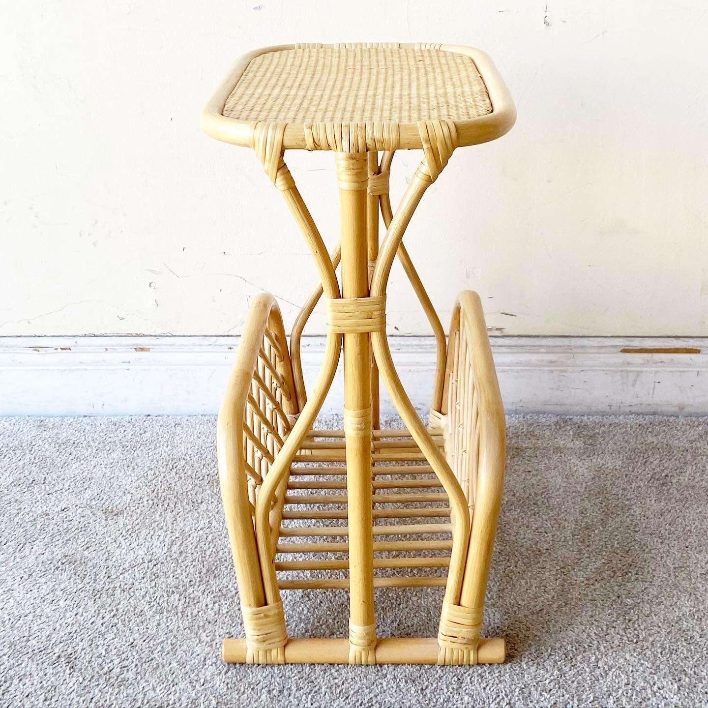 Boho Chic Bamboo Rattan Magazine Rack Side Table For Sale 2