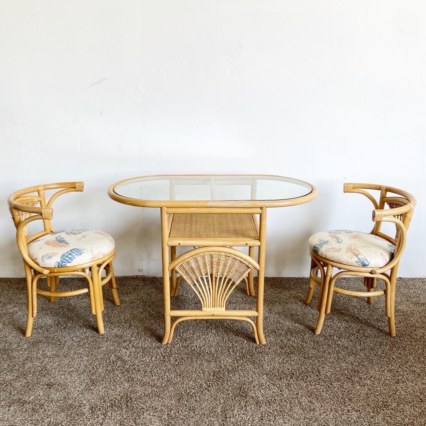 Boho Chic Bamboo Rattan Nesting Dining Set, 3 Pieces In Good Condition In Delray Beach, FL