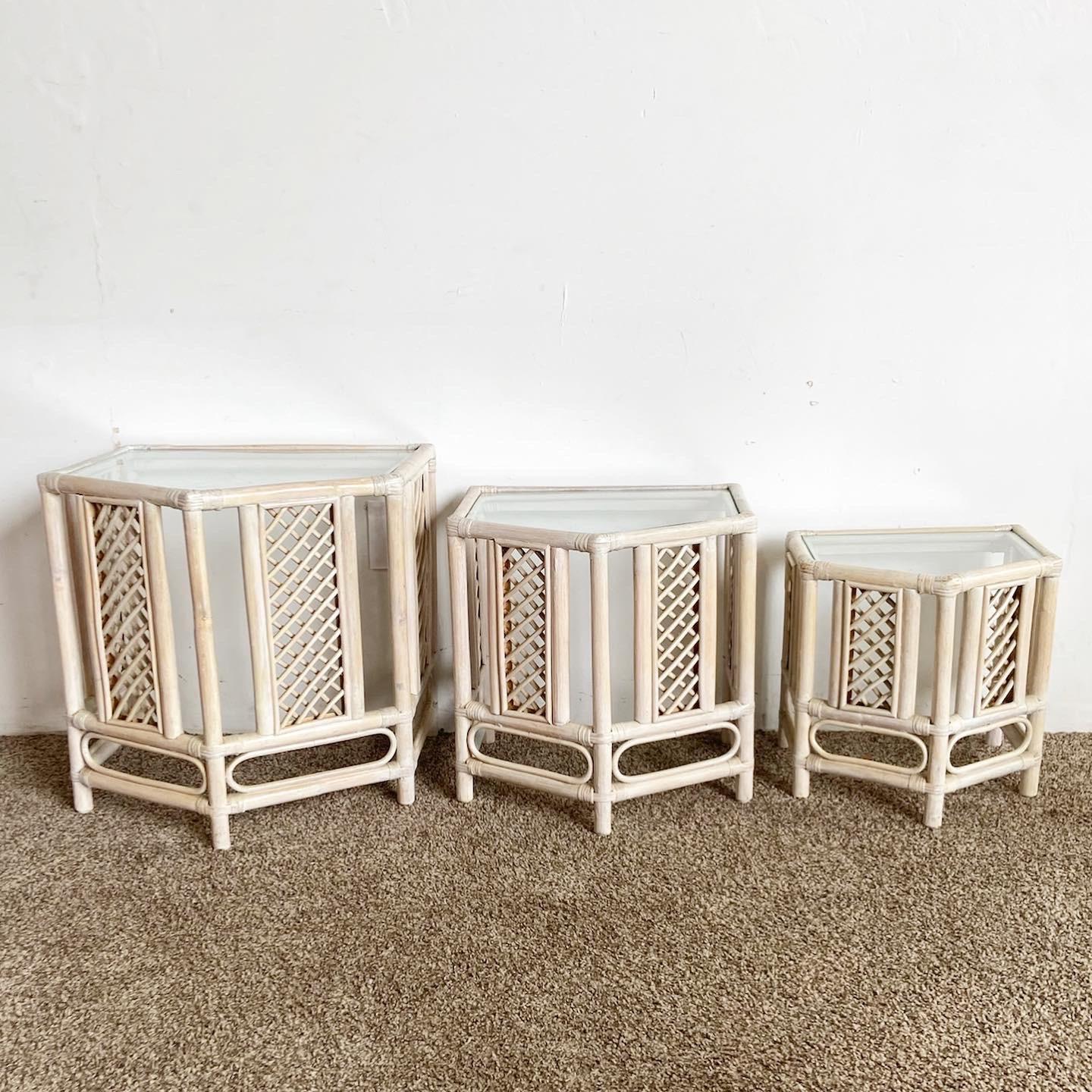 Boho Chic Bamboo Rattan Nesting Tables For Sale 2