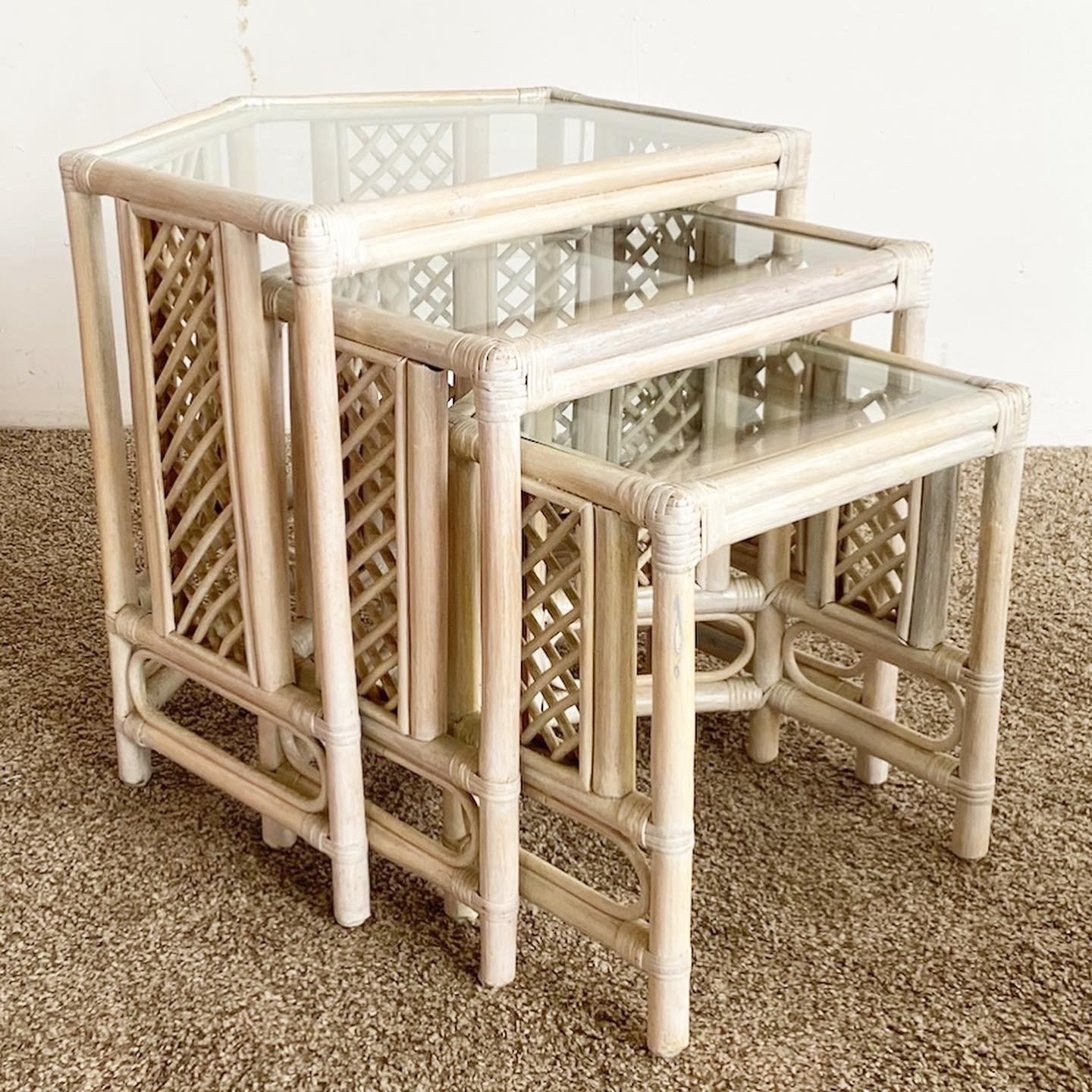 Boho Chic Bamboo Rattan Nesting Tables For Sale 3