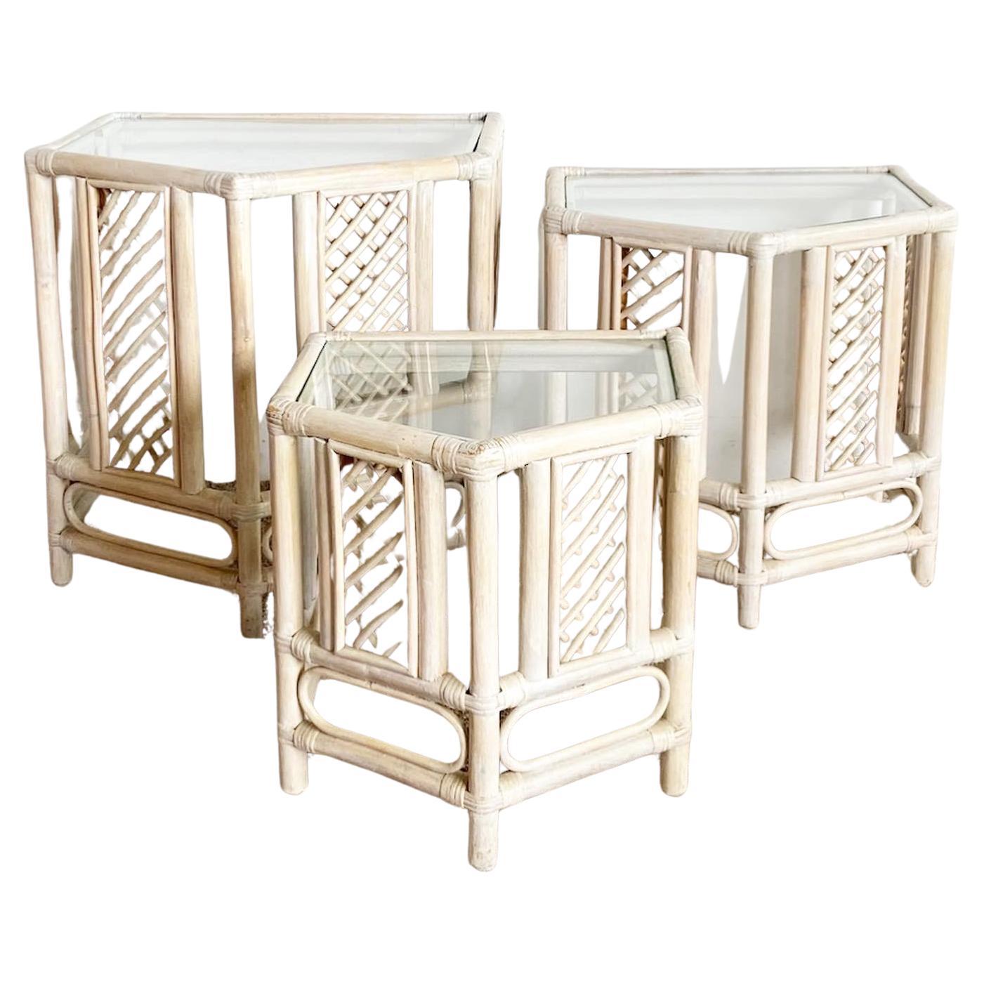 Boho Chic Bamboo Rattan Nesting Tables For Sale