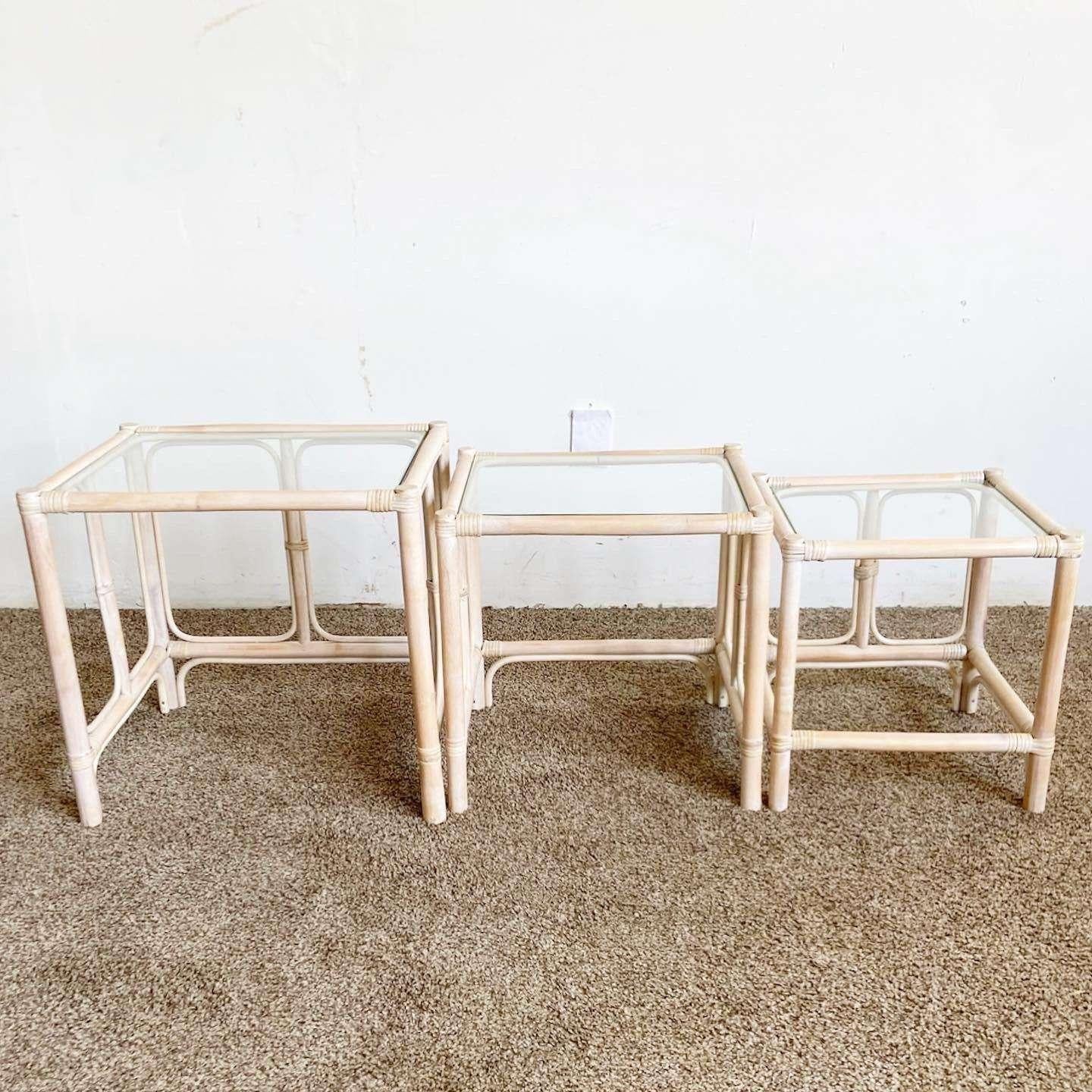 Indonesian Boho Chic Bamboo Rattan Nesting Tables - Set of 3 For Sale