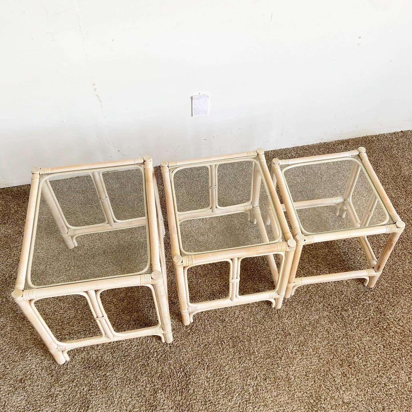 Boho Chic Bamboo Rattan Nesting Tables - Set of 3 In Good Condition For Sale In Delray Beach, FL