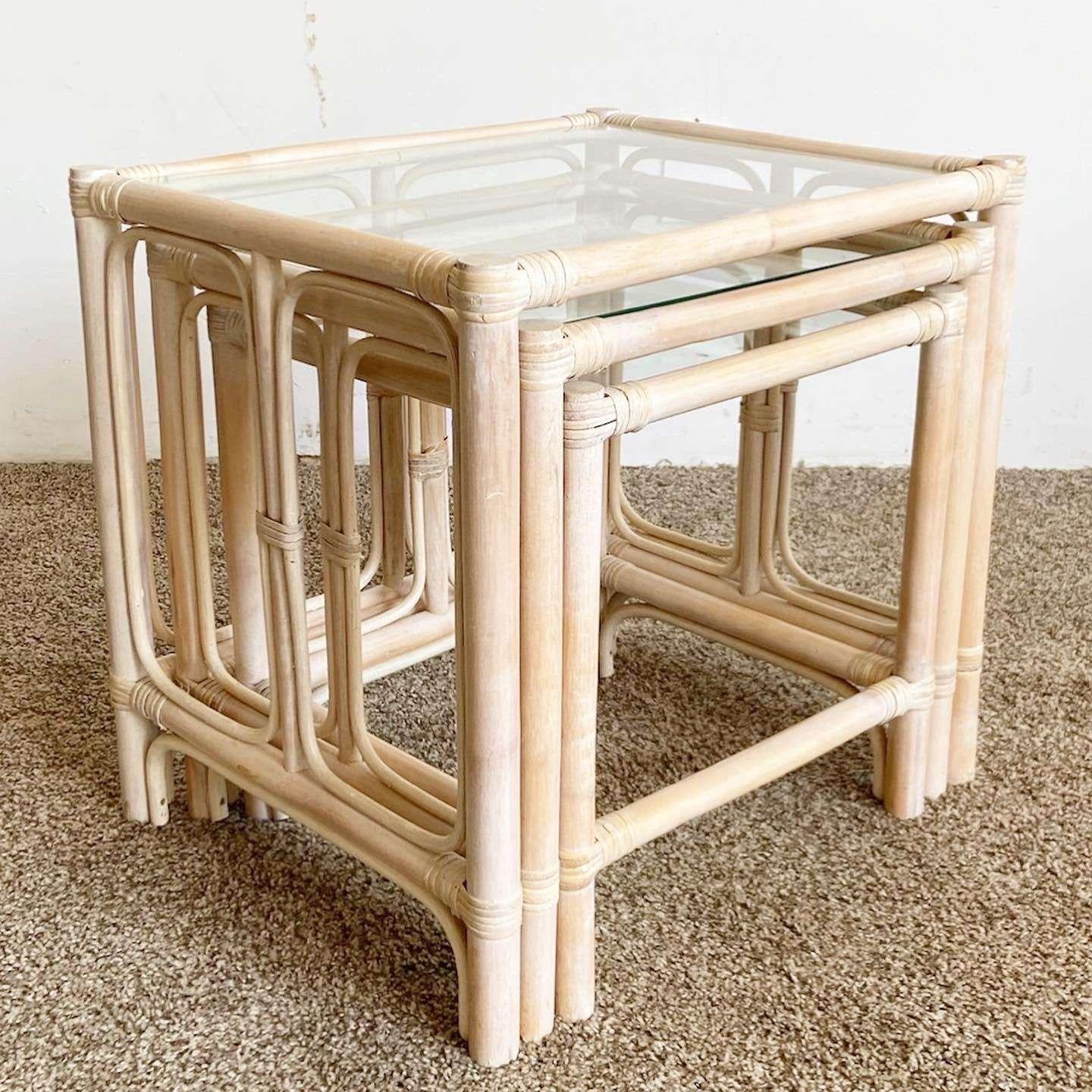 Late 20th Century Boho Chic Bamboo Rattan Nesting Tables - Set of 3 For Sale