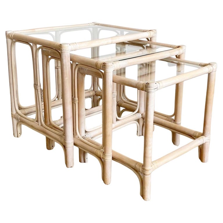 Boho Chic Bamboo Rattan Nesting Tables, Set of 3 For Sale at 1stDibs