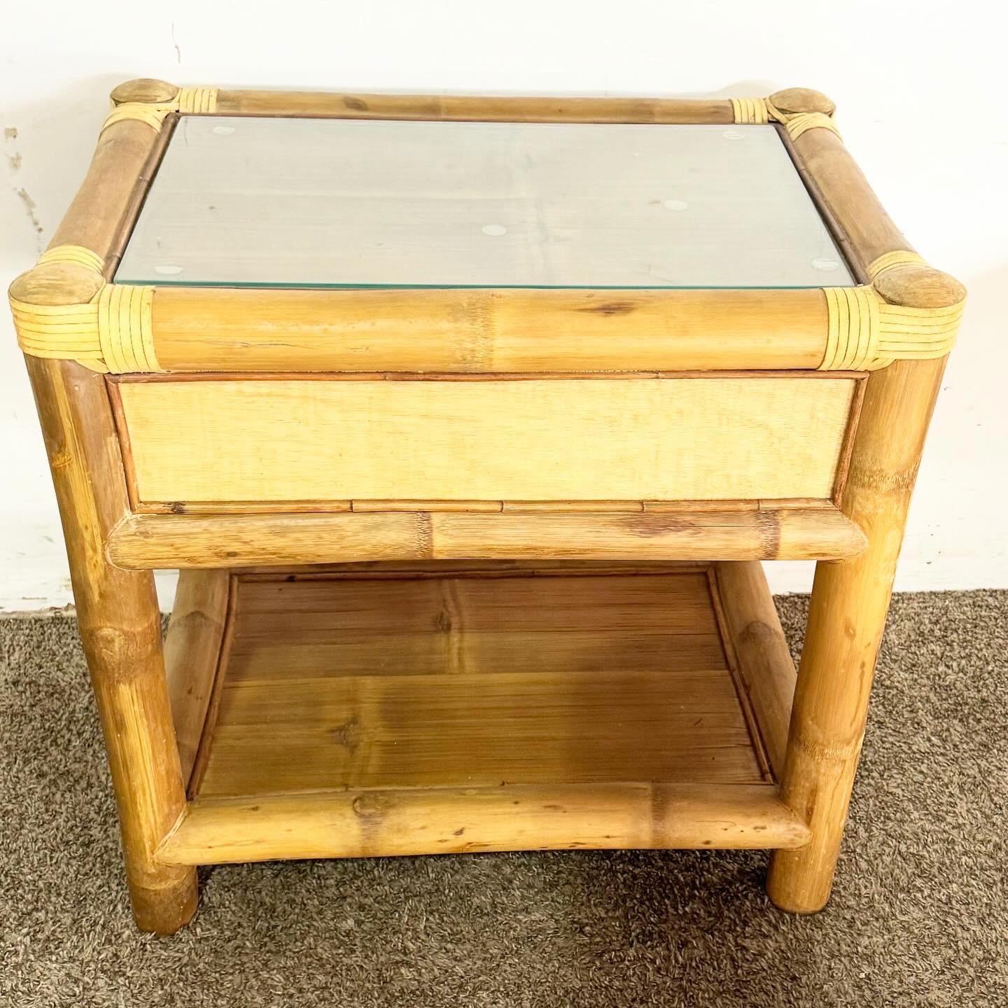 20th Century Boho Chic Bamboo Rattan Nightstand With Glass Top For Sale