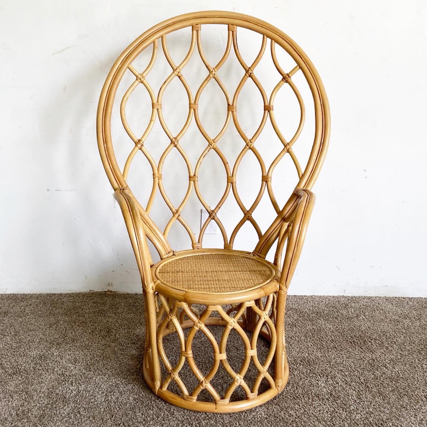 Indulge in the enchanting allure of our Boho Chic Bamboo Rattan Peacock Chair, and experience a touch of bohemian elegance in your living space. Meticulously handcrafted with utmost care and attention to detail, this exquisite chair showcases a