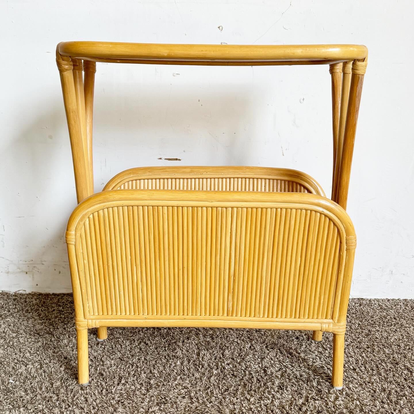 Boho Chic Bamboo Rattan Pencil Reed Swirl Side Table/Magazine Rack In Good Condition In Delray Beach, FL