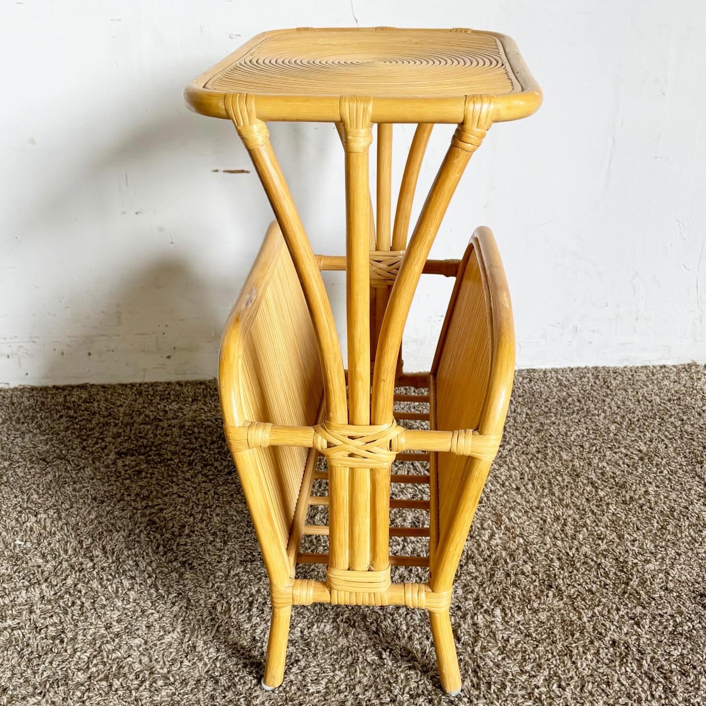 Boho Chic Bamboo Rattan Pencil Reed Swirl Side Table/Magazine Rack For Sale 3