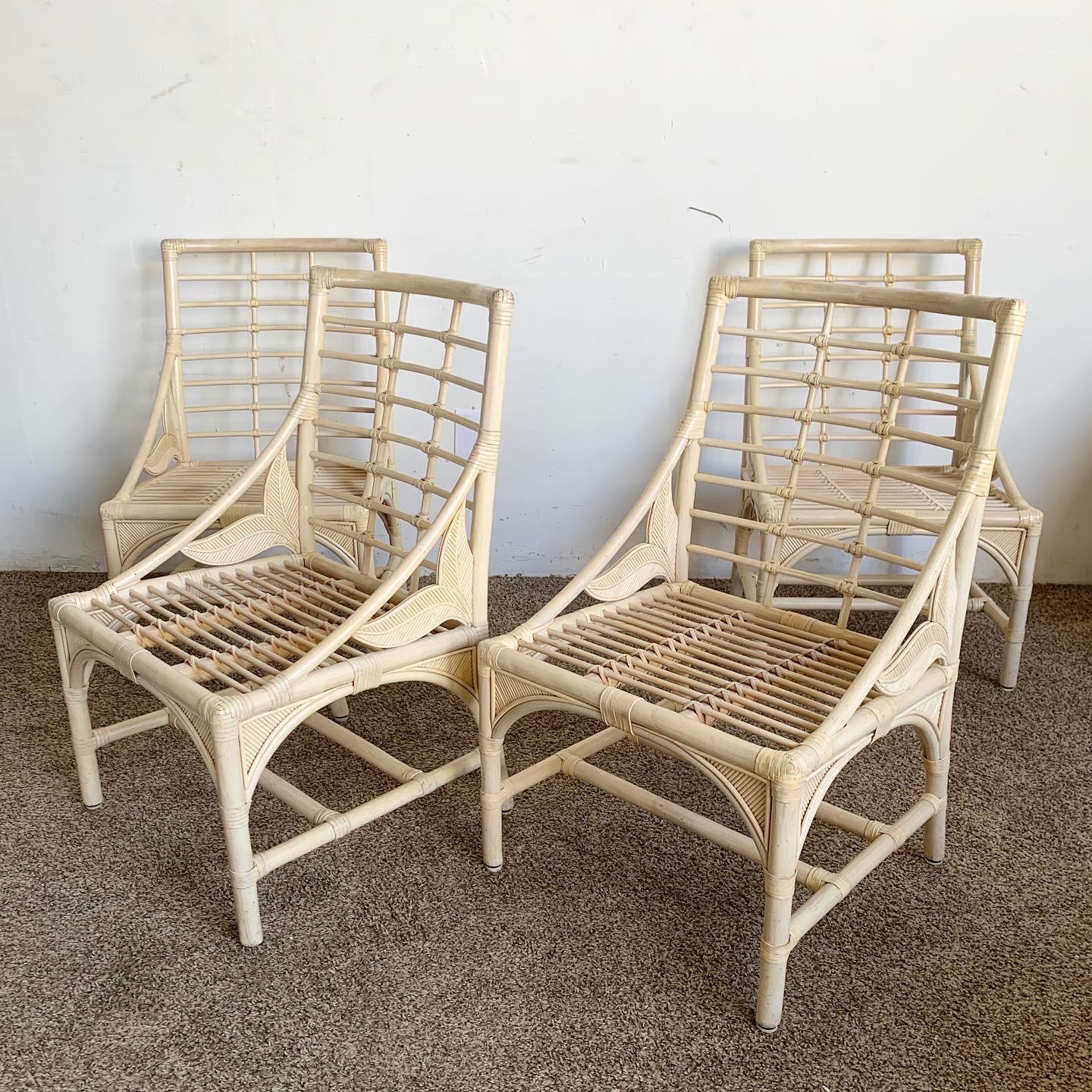 Bohemian Boho Chic Bamboo Rattan Sculpted Pencil Reed Dining Chairs - Set of 4 For Sale