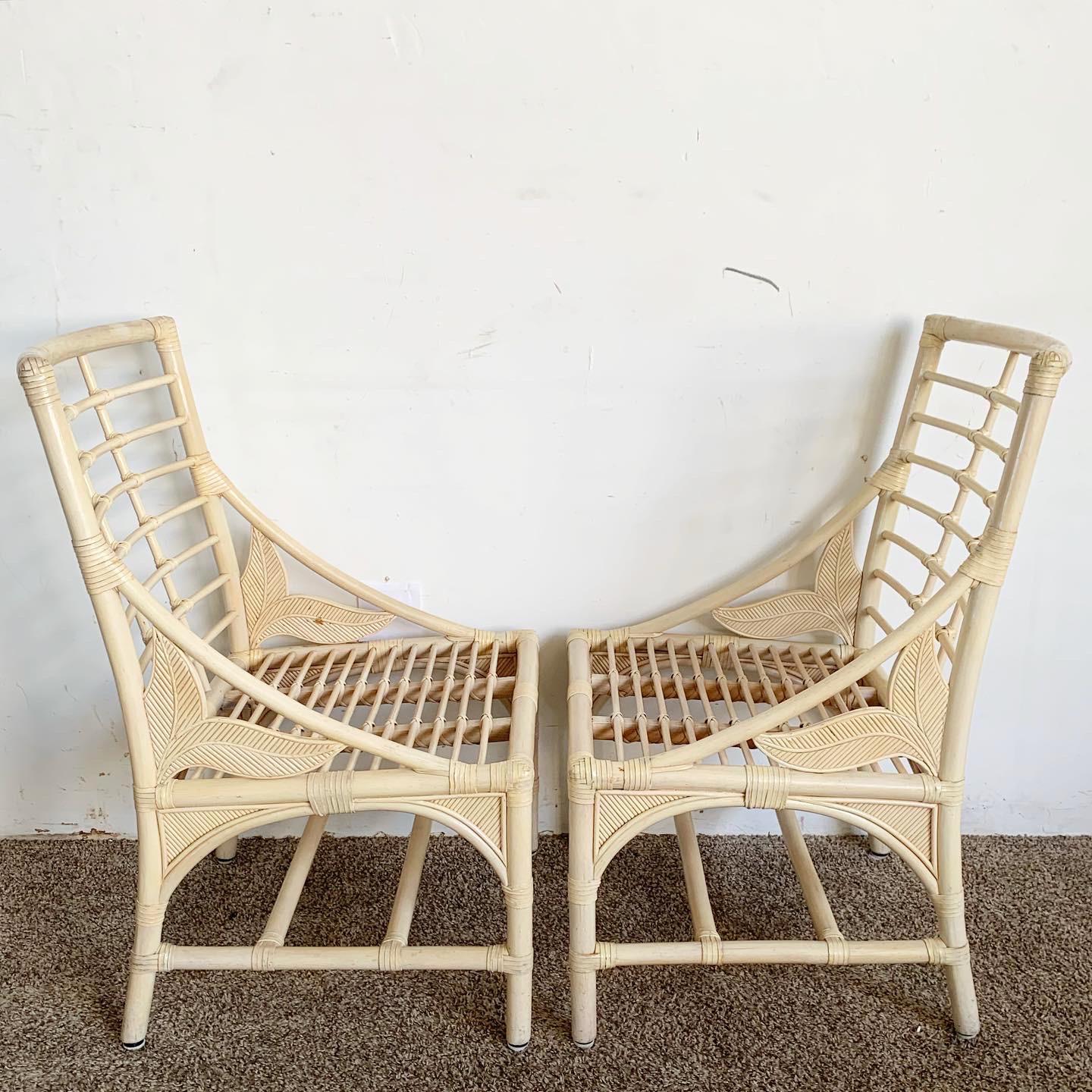 Philippine Boho Chic Bamboo Rattan Sculpted Pencil Reed Dining Chairs - Set of 4 For Sale