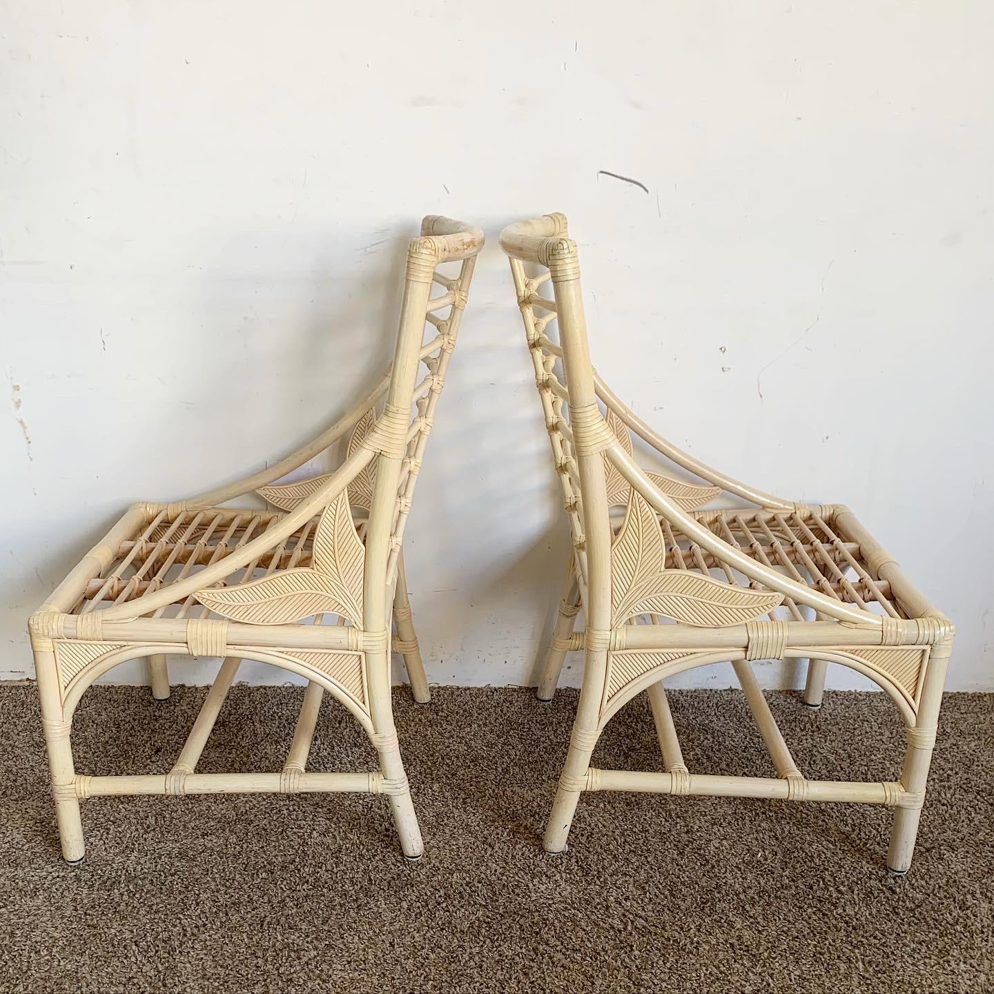 Boho Chic Bamboo Rattan Sculpted Pencil Reed Dining Chairs - Set of 4 In Good Condition In Delray Beach, FL