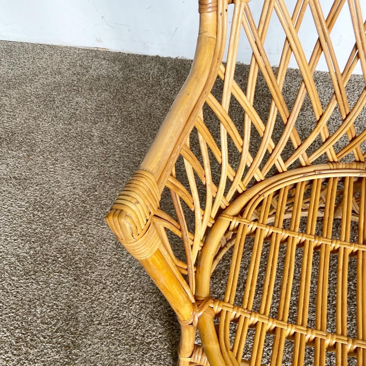 Late 20th Century Boho Chic Bamboo Rattan Side Chair With Circular Brown Seat Cushion For Sale