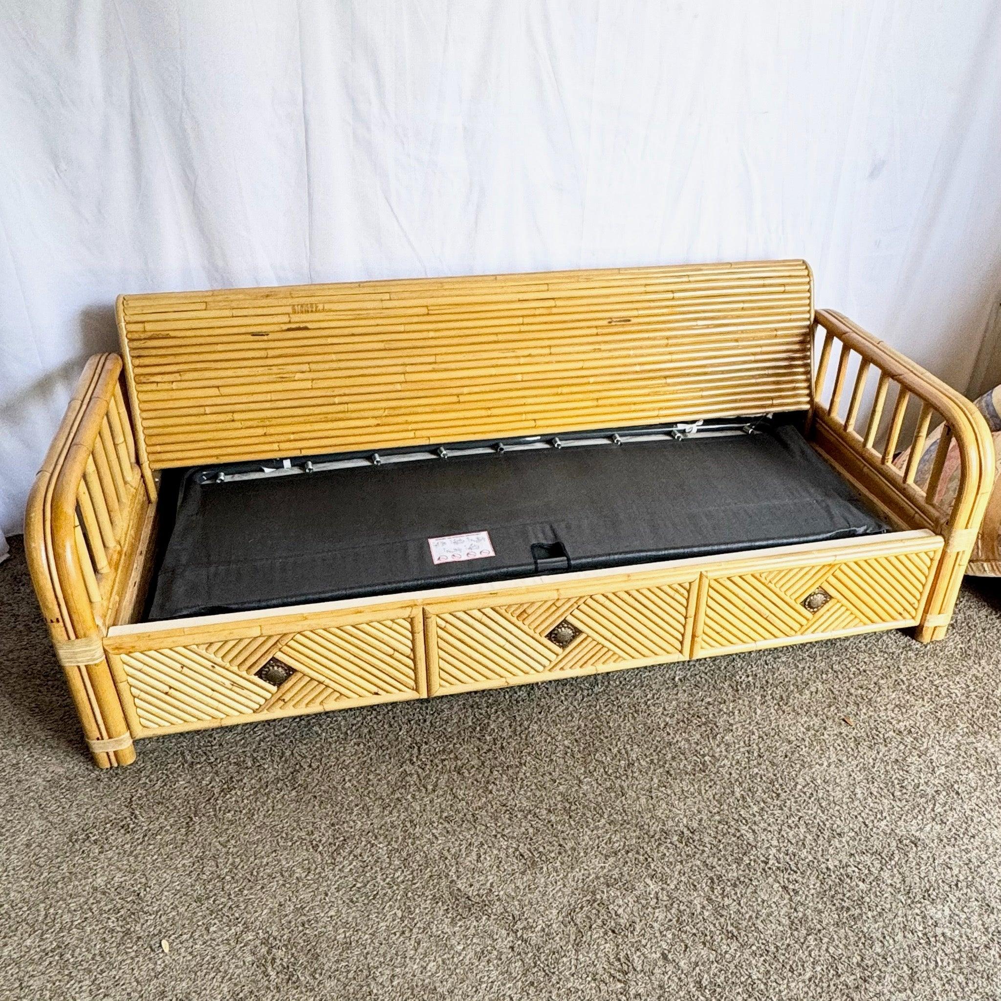 Boho Chic Bamboo Rattan Sofa With Queen Pull Out Bed and Mattress For Sale 6