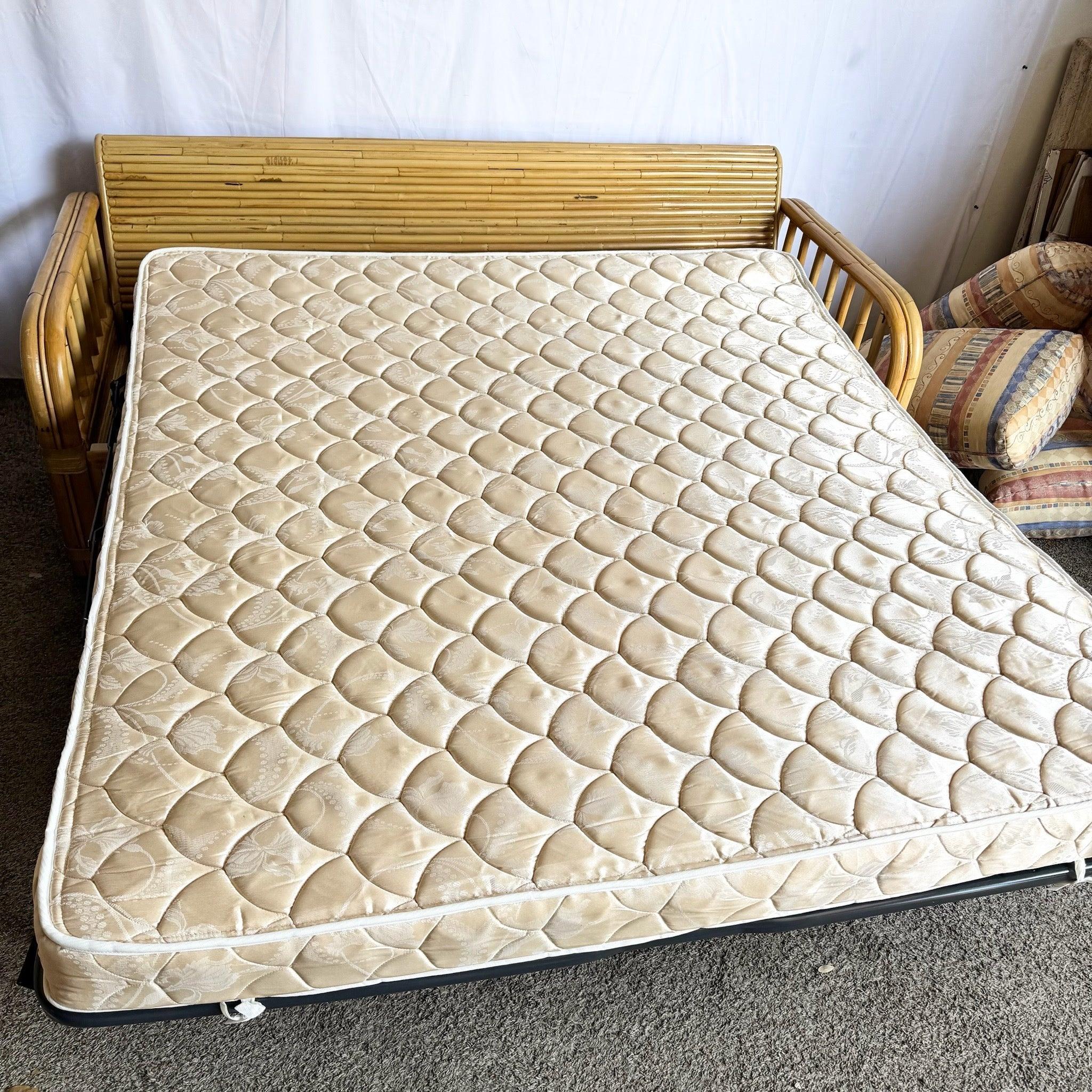 Late 20th Century Boho Chic Bamboo Rattan Sofa With Queen Pull Out Bed and Mattress For Sale