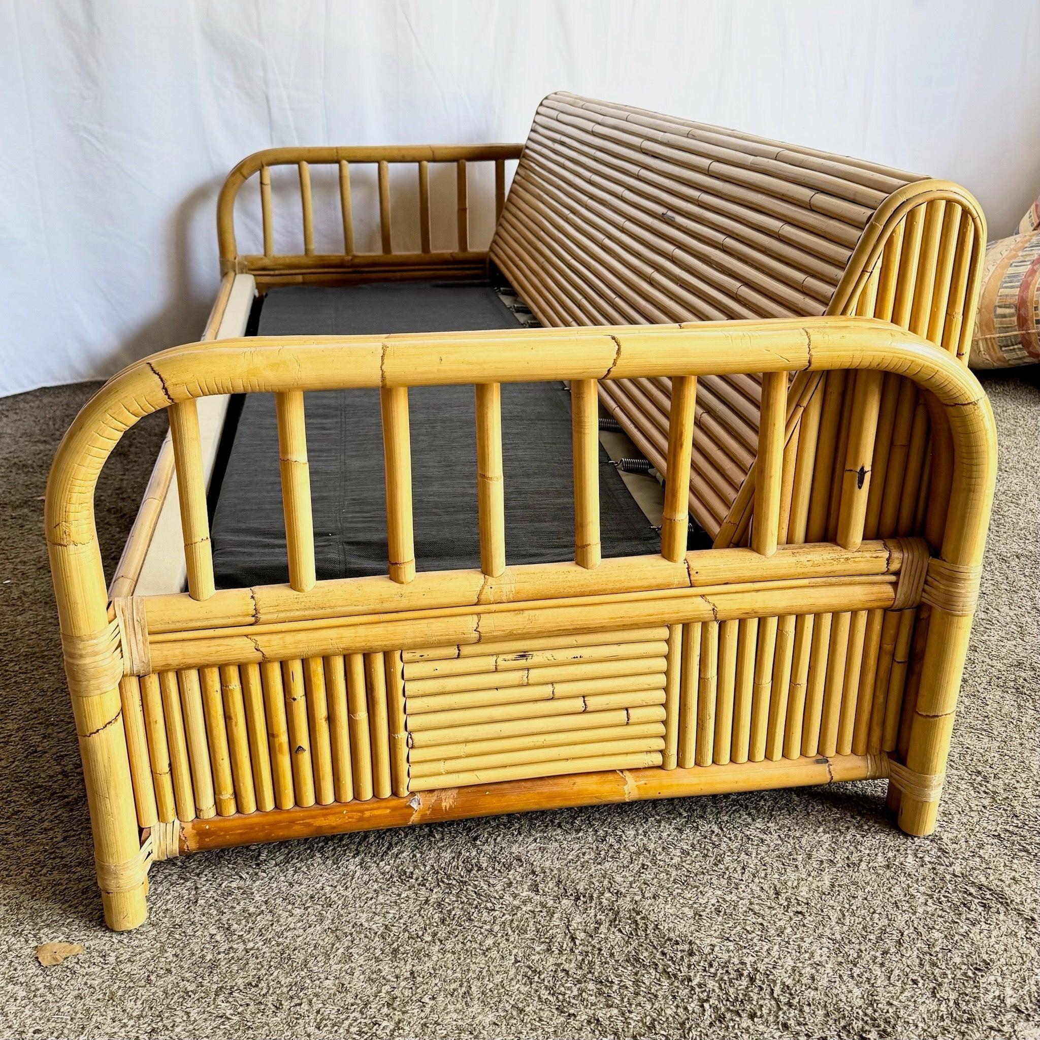 Boho Chic Bamboo Rattan Sofa With Queen Pull Out Bed and Mattress For Sale 3