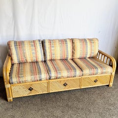 Boho Chic Bamboo Rattan Sofa With Queen Pull Out Bed and Mattress