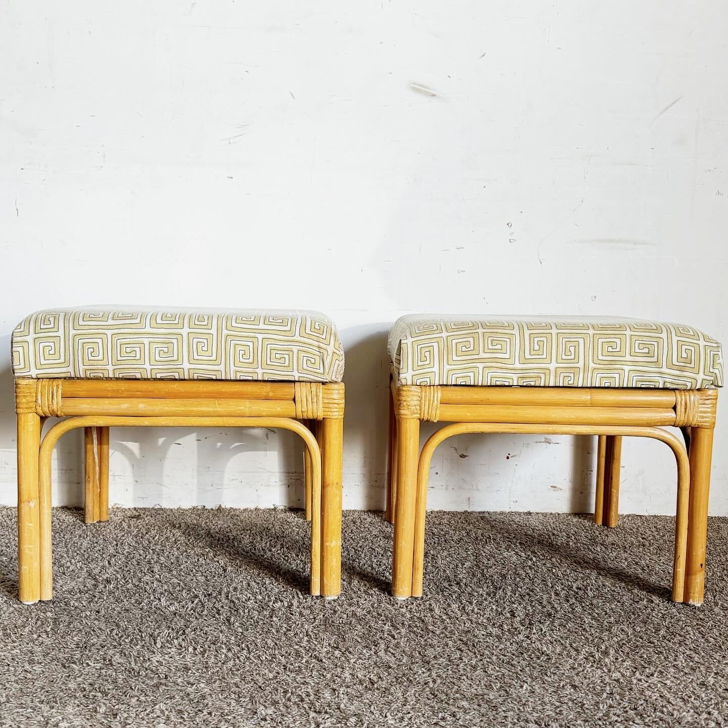 Late 20th Century Boho Chic Bamboo Rattan Square Top Ottomans/Low Stools - a Pair For Sale
