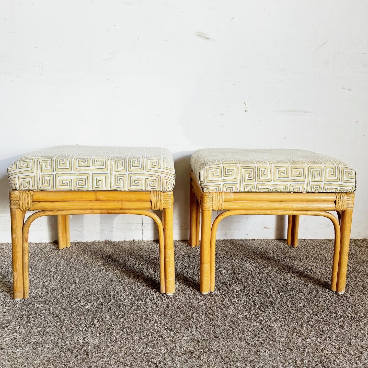 Boho Chic Bamboo Rattan Square Top Ottomans/Low Stools - a Pair For Sale 1