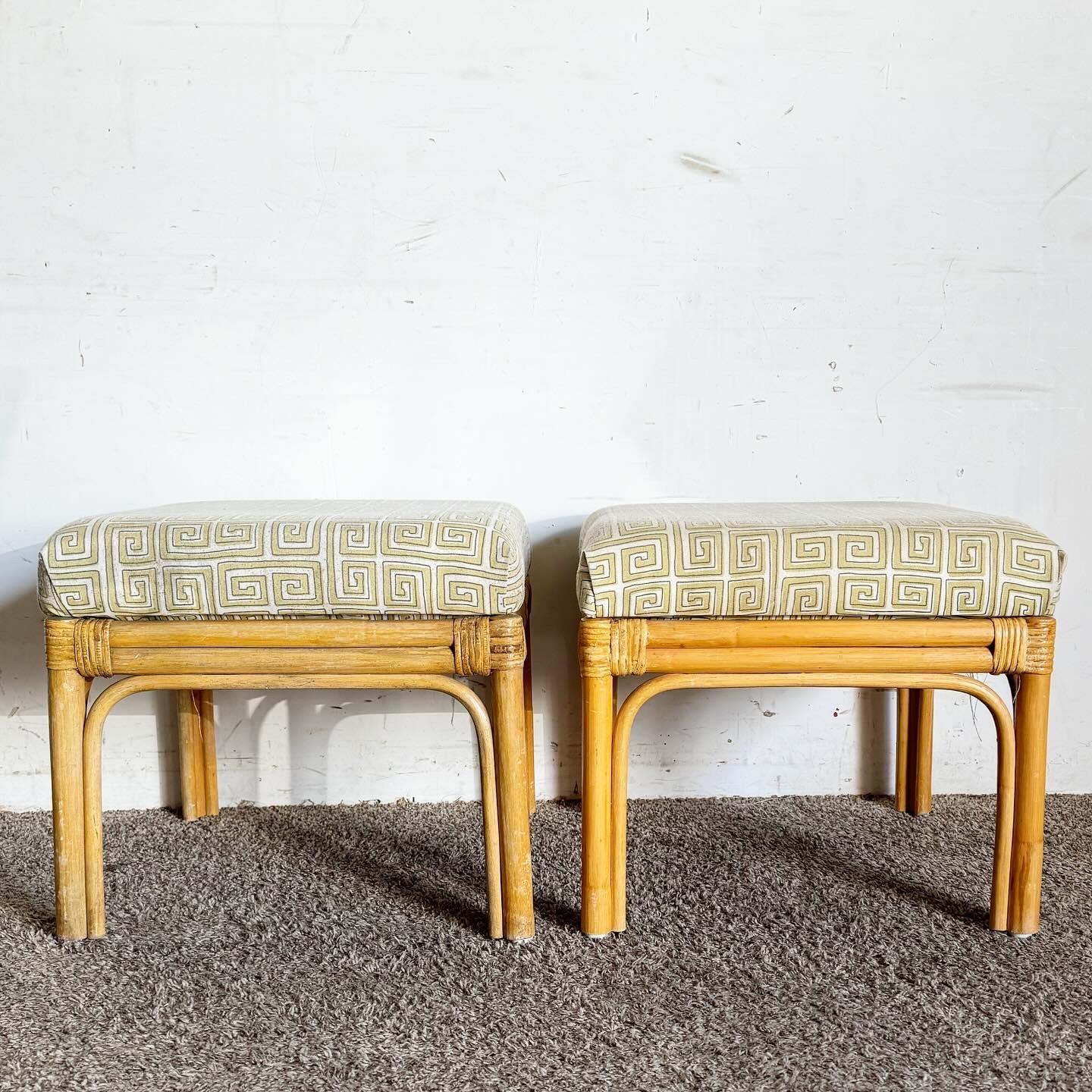 Boho Chic Bamboo Rattan Square Top Ottomans/Low Stools - a Pair For Sale 4