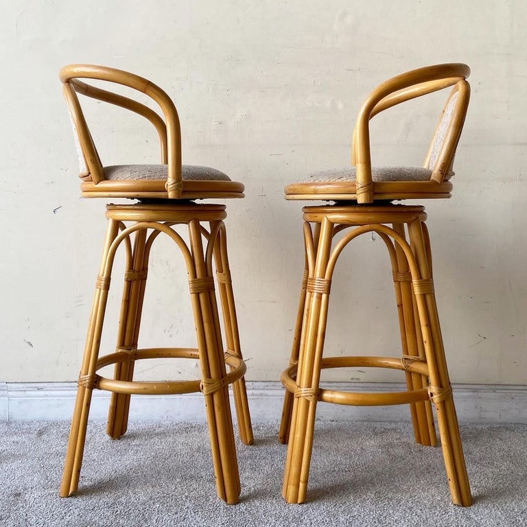 Boho Chic Bamboo Rattan Swivel Bar Stools For Sale at 1stDibs