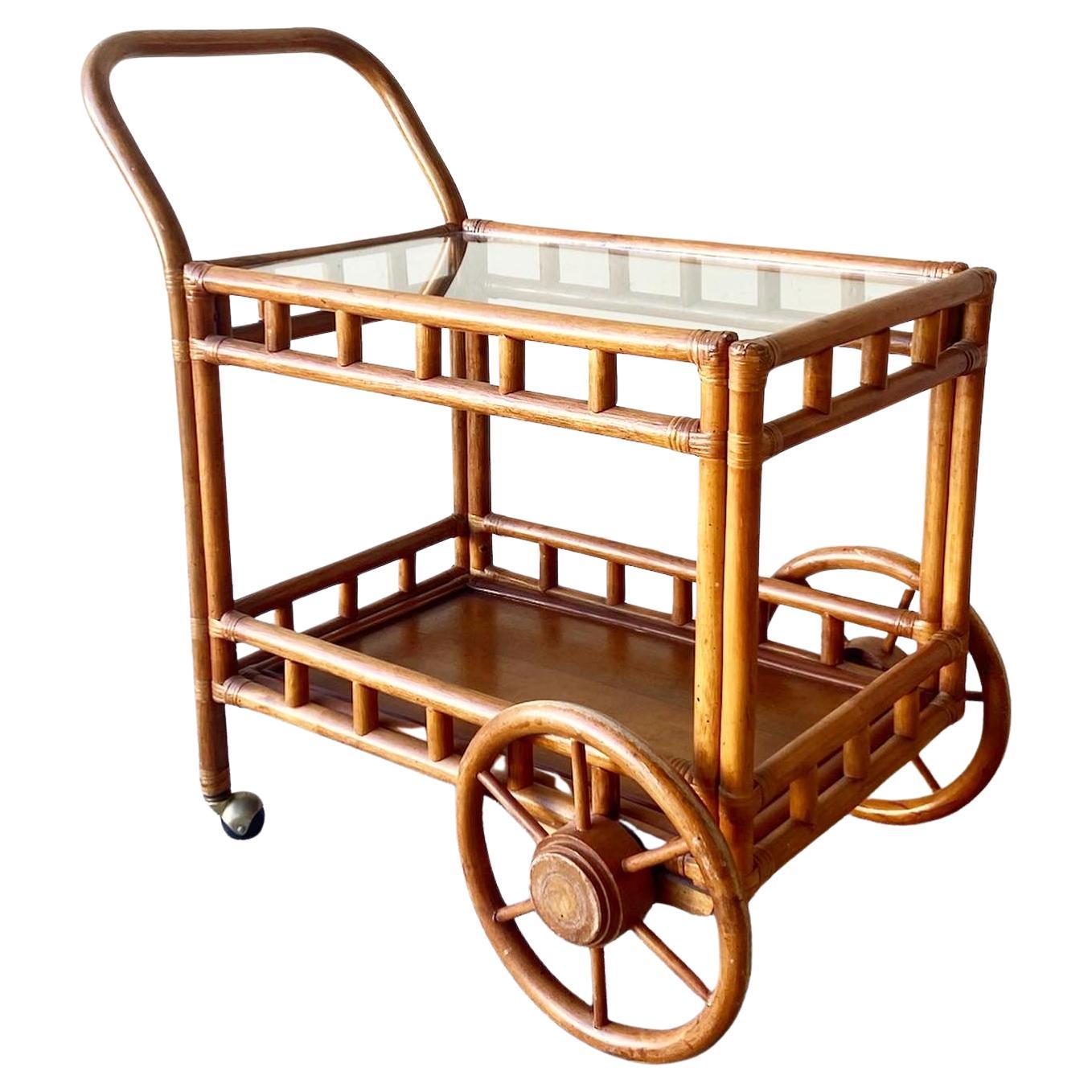 Boho Chic Bamboo Rattan Wagon Bar Cart