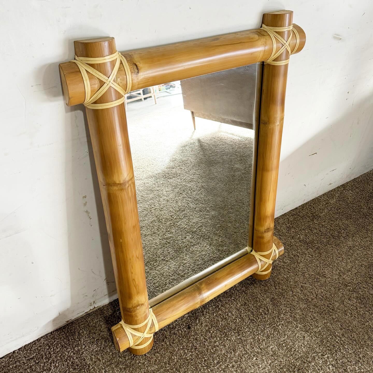 Boho Chic Bamboo Rattan Wall Mirror In Good Condition For Sale In Delray Beach, FL