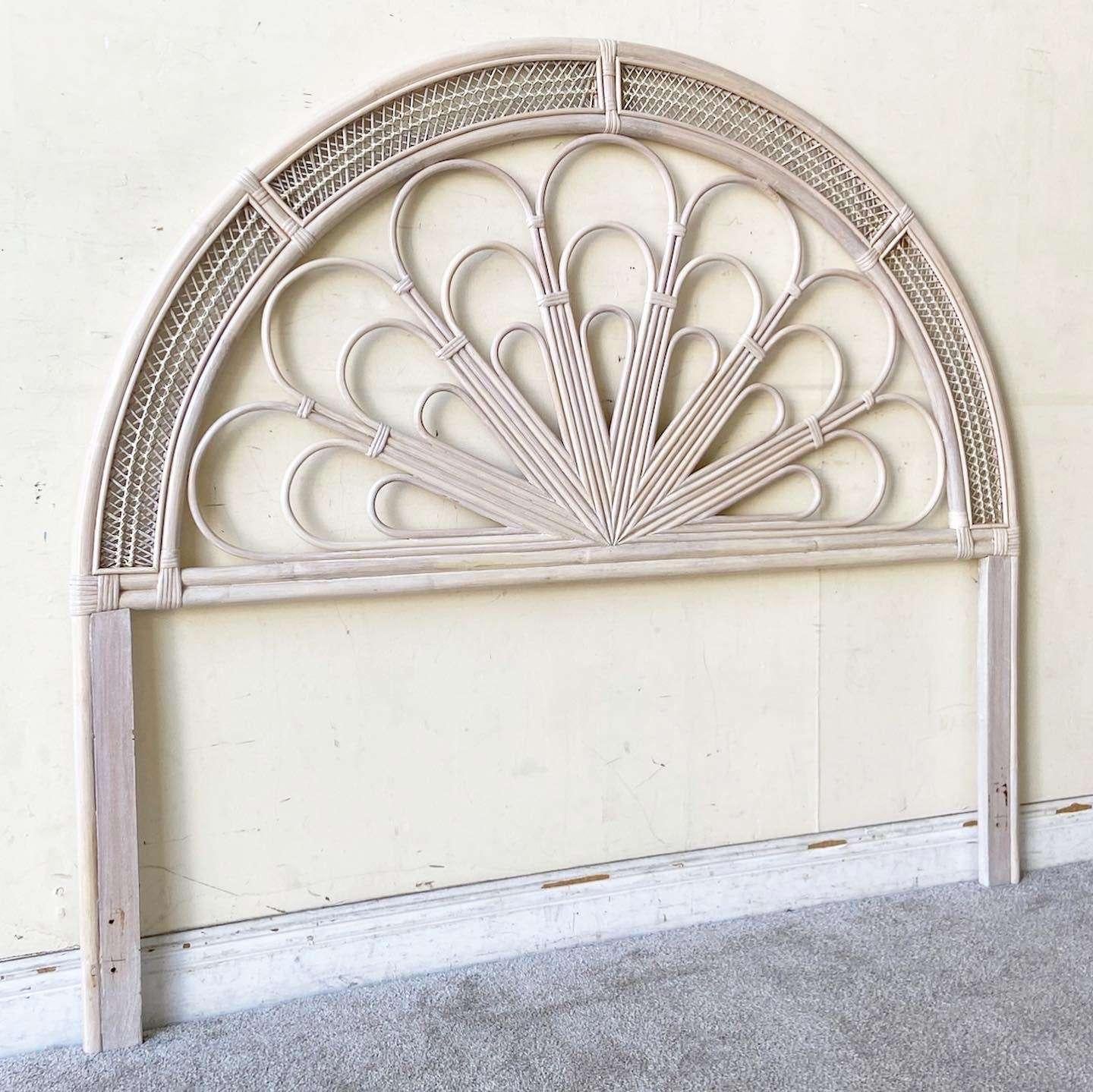 Incredible vintage bohemian queen size headboard. Features an arched bamboo frame with rattan and weaving throughout.