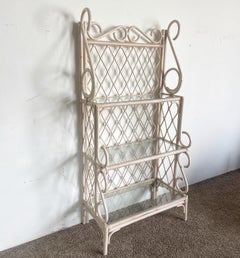 Boho Chic Bamboo Rattan Whitewash Bakers Rack/Etagere