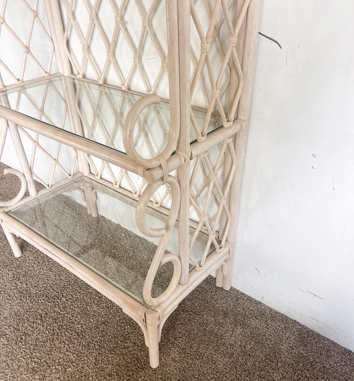 Late 20th Century Boho Chic Bamboo Rattan Whitewash Bakers Rack/Etagere For Sale